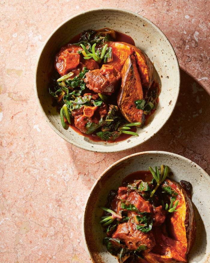 Two bowls of kangaroo-tail bourguignon