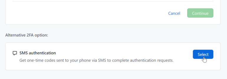 Click the Select button for the SMS authentication.