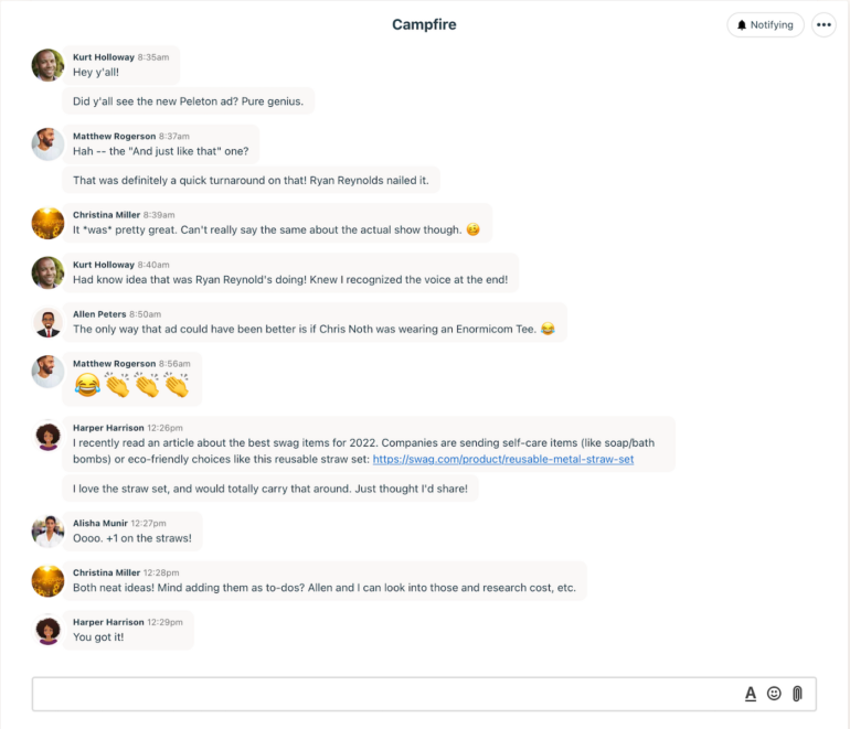 Basecamp’s Campfire enabling real-time communication.