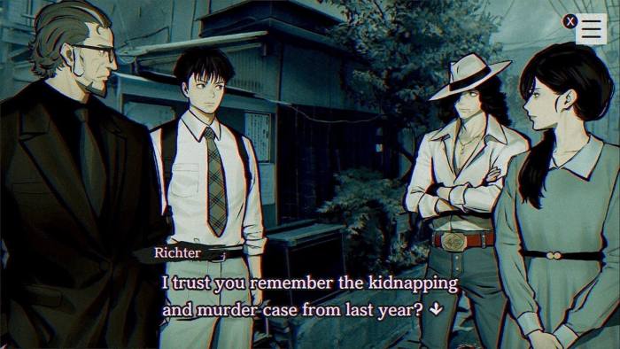 An image from a video game shows a group of people standing together, with written dialogue that reads: ‘I trust you remember the kidnapping and murder case from last year?’