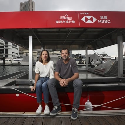 Ellen Ogren and Angus Harris, founders of the Clean Waterways Initiative that aims to remove plastic waste from the city’s polluted waters using zero-emission, solar-powered boats, seen here at the Aberdeen Marina Club, Hong Kong, on December 11, 2020. Photo: Xiaomei Chen
