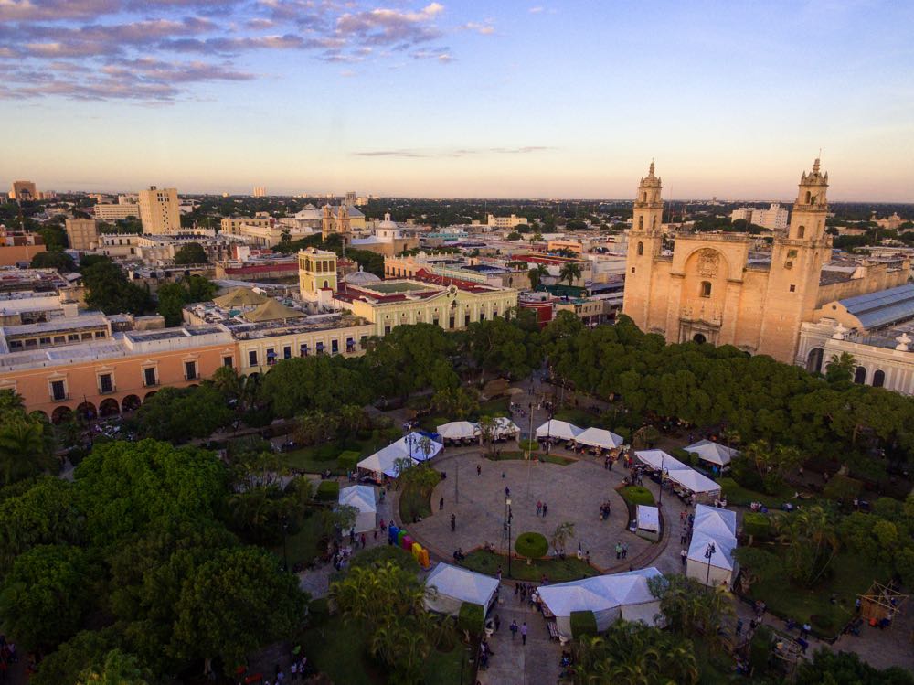 An overhead view of the Zocalo and Cathedral in central Merida