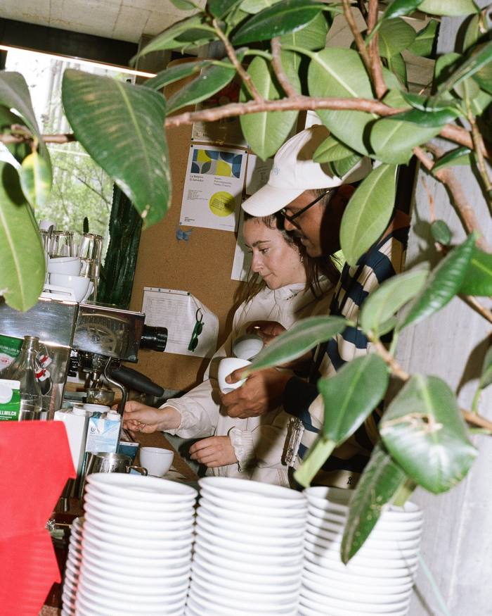 Two of Miró’s employees preparing coffee at a machine, with a large succulent houseplant in the foreground