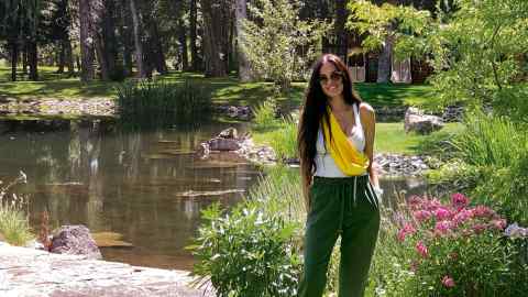 Demi Moore with her dog, Pilaf, in her garden