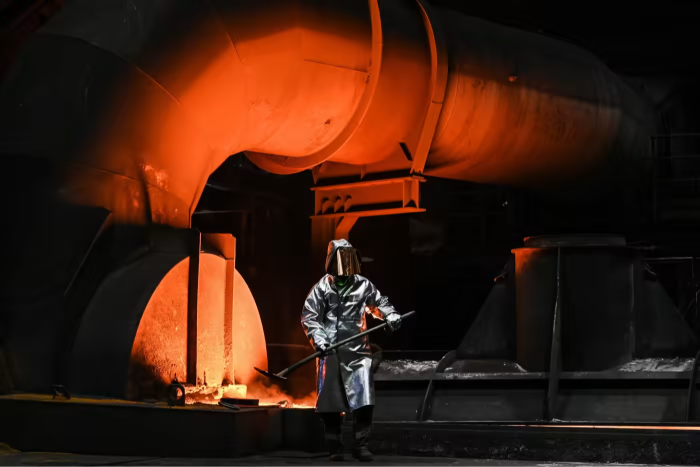 A worker at the blast furnace in a plant in Duisburg, Germany