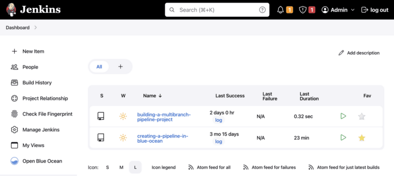 Jenkins CI/CD dashboard.