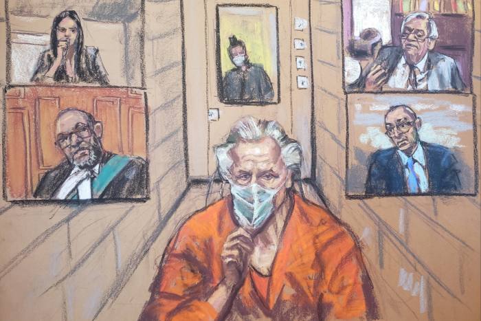 An artist’s impression of Peter Nygard appearing at a bail hearing in Toronto