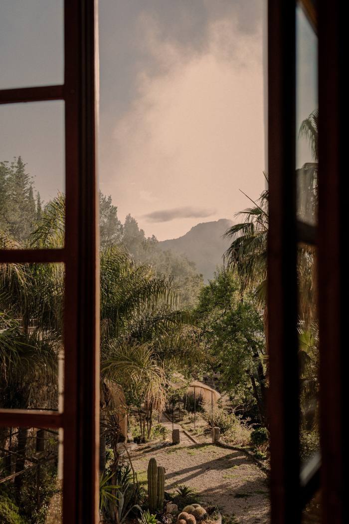 A window frames the view of a palm-lined garden path and distant mountains
