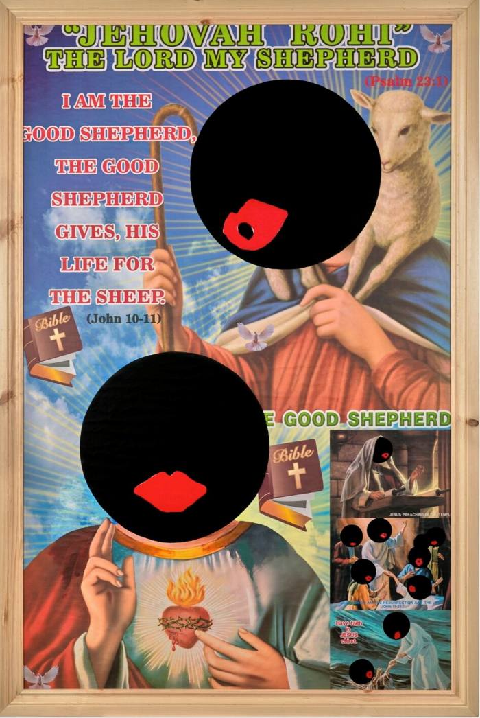 A religious poster has been altered with the addition of two black circular heads with bright red mouths