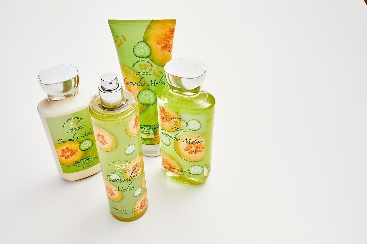 An array of Bath & Body Works products in the Cucumber Melon scent.
