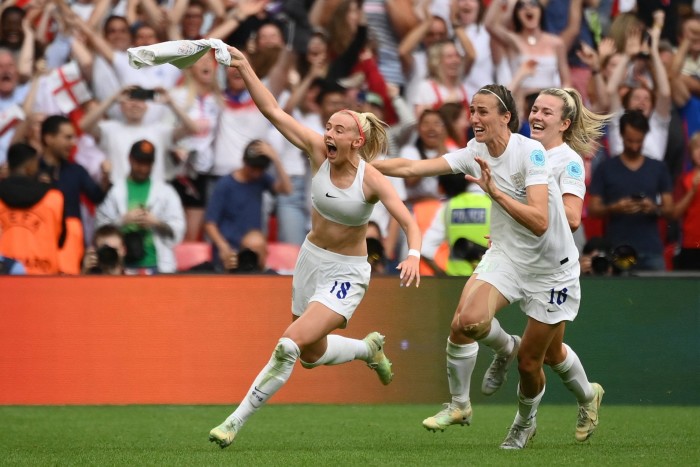England striker Chloe Kelly celebrates after scoring in the Euro 2022 final at Wembley last July 
