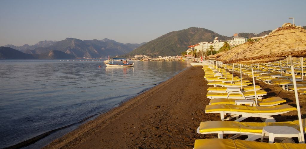 A view of an empty beach in Marmaris in the early hours of the morning. 