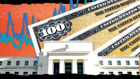 Montage image illustrating US government bonds and the US Federal Reserve HQ