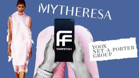 Montage of Mytheresa and Yoox Net-a-Porter logos, a mobile phone showing Farfetch logo being held over a lap, and a model wearing a pink dress