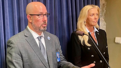 Rep. Lance Yednock, D-Ottawa, left, discusses the legislation to allow new nuclear reactors in Illinois which he co-sponsored with Sen. Sue Rezin, R-Morris, after it cleared both chambers on Thursday, Nov. 9, 2023, in Springfield, Ill.