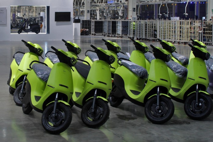 Ola Electric’s S1 Air e-scooters come off the production line at its new manufacturing facility in Pochampalli in the southern state of Tamil Nadu