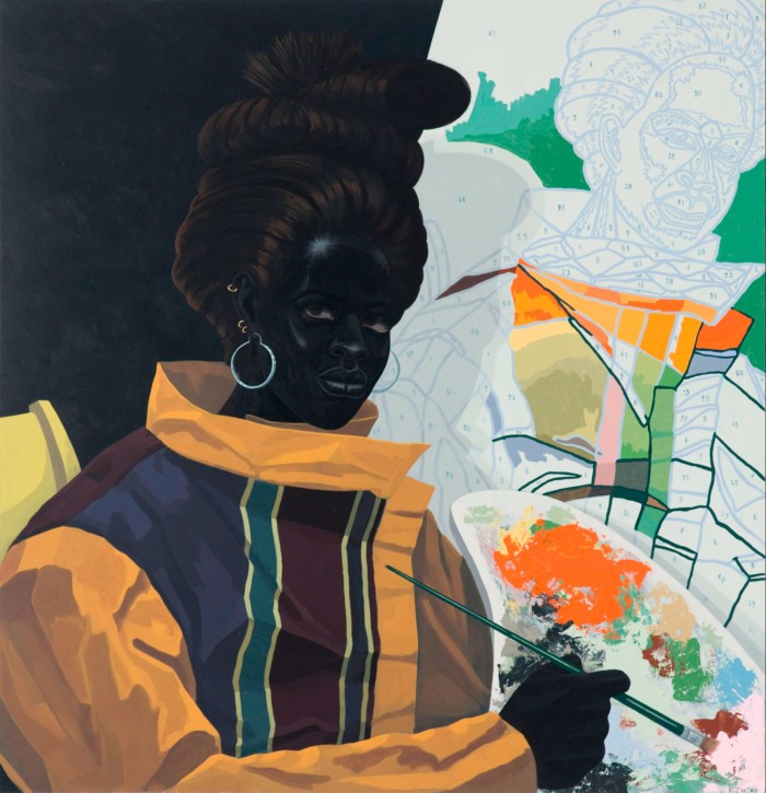A painting of a Black woman in an orange dress sitting at an easel on which sits a ‘colour by numbers’ portrait of herself