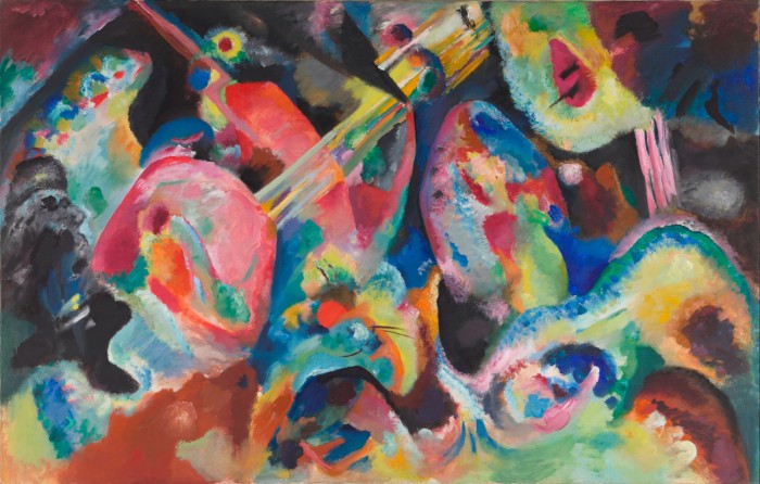 ‘Improvisation Deluge’, 1913, by Wassily Kandinsky: a horizontal abstract painting of many colours in circular shapes