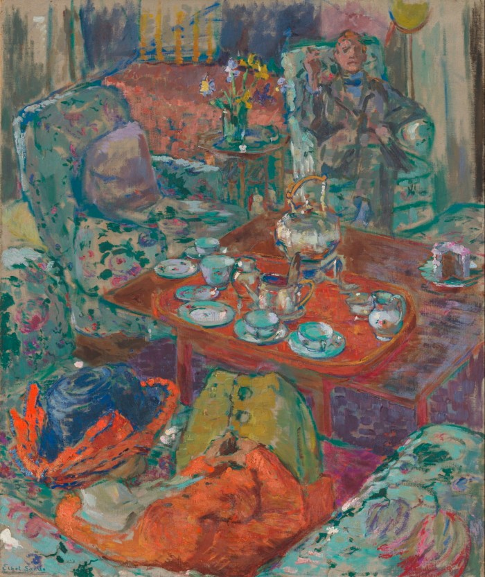‘Tea with Sickert’, 1911–12, by Ethel Sands: an Impressionist-style painting of Walter Sickert sitting in an armchair in an early-20th-century-style drawing room, with afternoon tea laid out on a table
