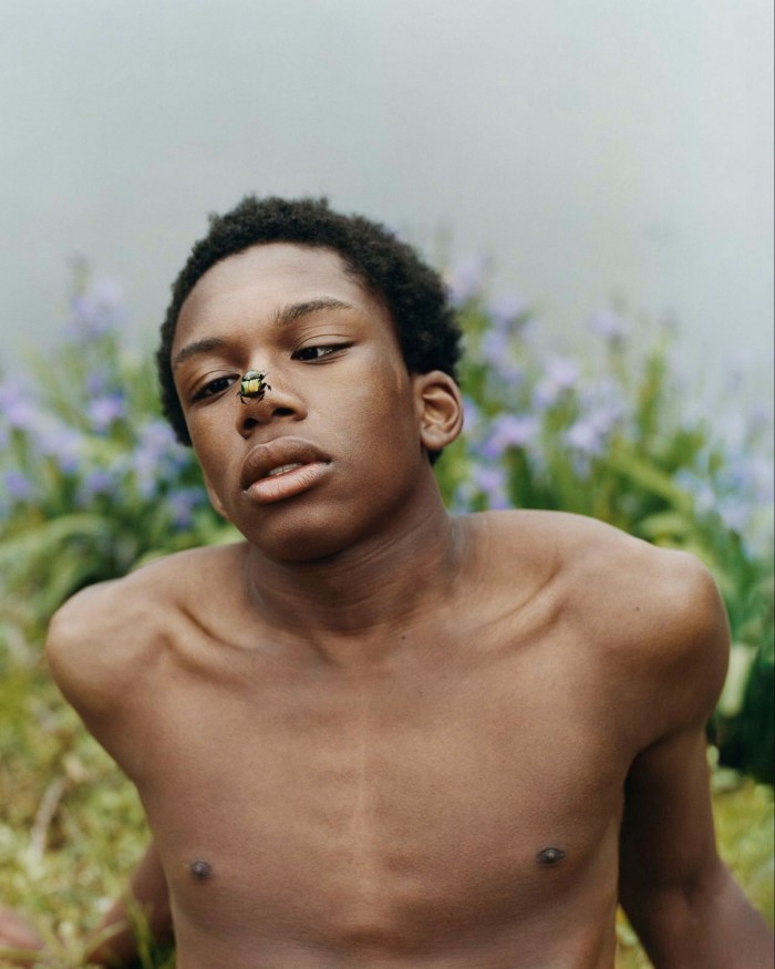 ‘Simply Fragile’, 2022, by Tyler Mitchell: a young, bare-chested Black man with a beetle resting on his nose 