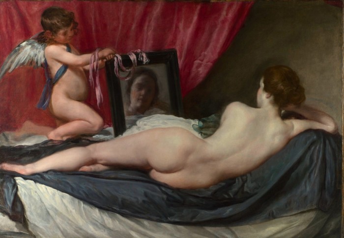 ‘The Rokeby Venus’, 1647–51, by Velázquez: a naked woman lying on her side and gazing at her reflection in a small mirror held by a Cupid 