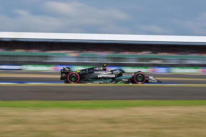 Mercedes’ British driver Lewis Hamilton drives during the qualifying session for the Formula One British Grand Prix at the Silverstone motor racing circuit in Silverstone, central England on July 8, 2023. 