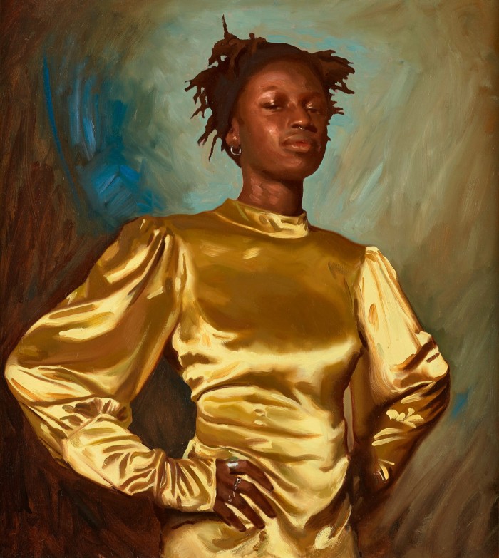 ‘Portrait of Fatima’ by Jamie Coreth: a portrait of a Black woman in a yellow silk dress