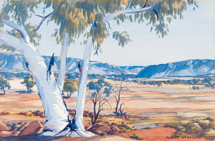 ‘Ranges at Heavitree Gap’, c. 1950s, by Albert Namatjira: a landscape painting of the Australian outback, with a blue-ish eucalyptus tree in the foreground and sandy-coloured earth leading to low round rocky hills
