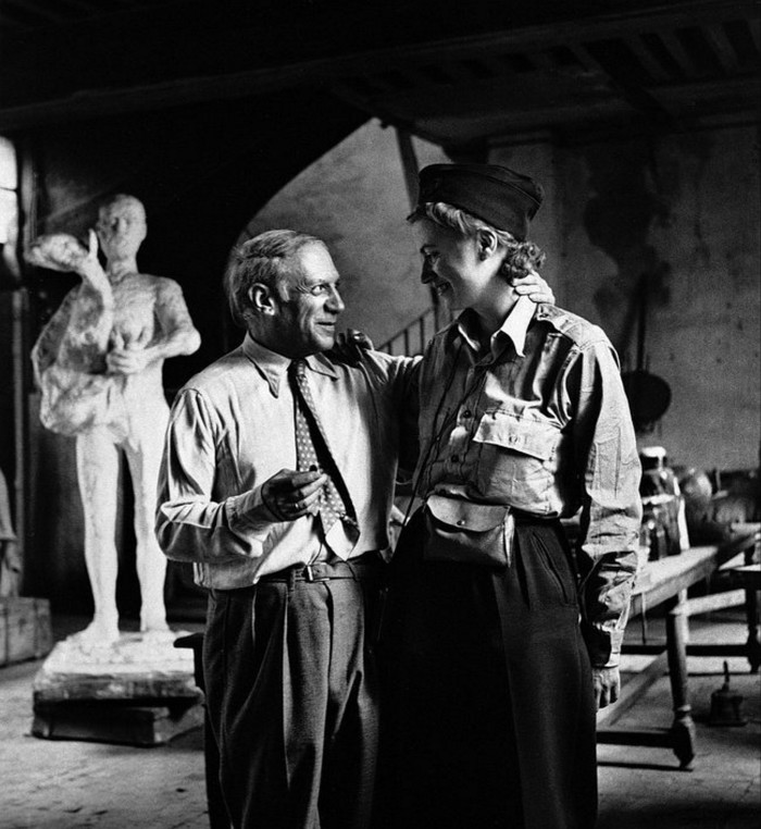 Lee Miller with Picasso in his Paris studio after the liberation of the city, 1944