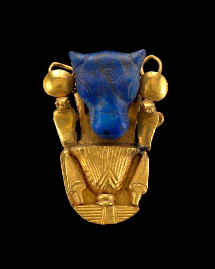 The ancient Egyptian treasures gathered in ‘Pharaoh’ include a c. 1069–664BC gold and lapis lazuli bull’s head ornament 