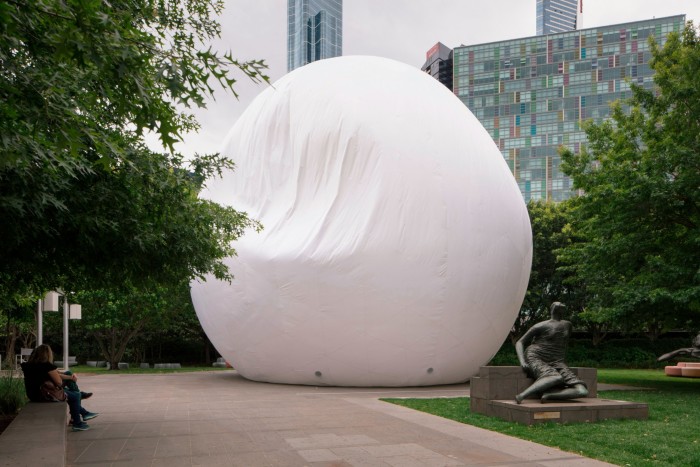 ‘(This Is) Air by Nic Brunsdon, the winner of the 2023 NGV Architecture Commission, a giant white inflatable sphere on display in the gallery’s garden