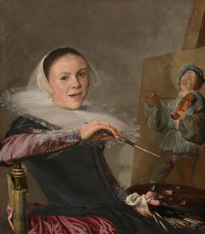 Self-Portrait, c.1630, by Judith Leyster: a painting of woman in early 17th-century clothes holding a paintbrush and sitting in front of a canvas, looking out at the viewer