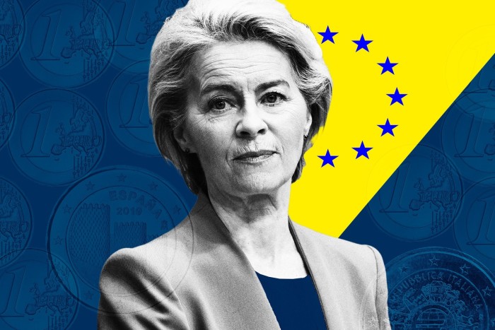 Montage image of European Commission president Ursula von der Leyen, yellow and blue of the EU flag and euro coins