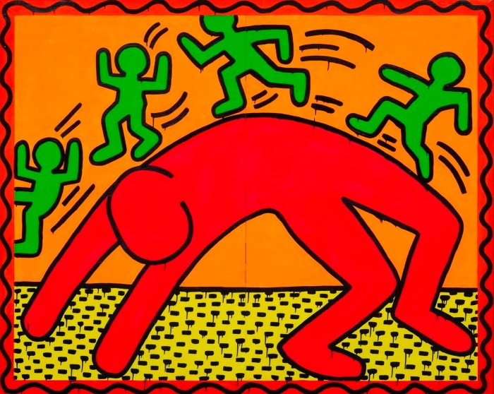 ‘Untitled’, 1982, by Keith Haring: four small green faceless human-shape figures dancing over a large red one 