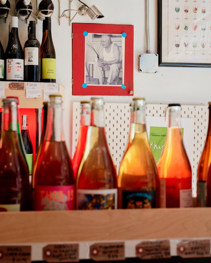 Bottle of natural wine on a counter at New York’s Wine Therapy