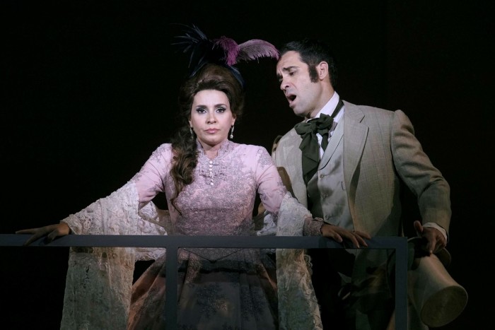 Soprano Ruth Iniesta – wearing a pink lace Belle Époque dress and purple feather headdress –and Ismael Jordi in a grey suit ‘Doña Francisquita’ at the Teatro de la Zarzuela