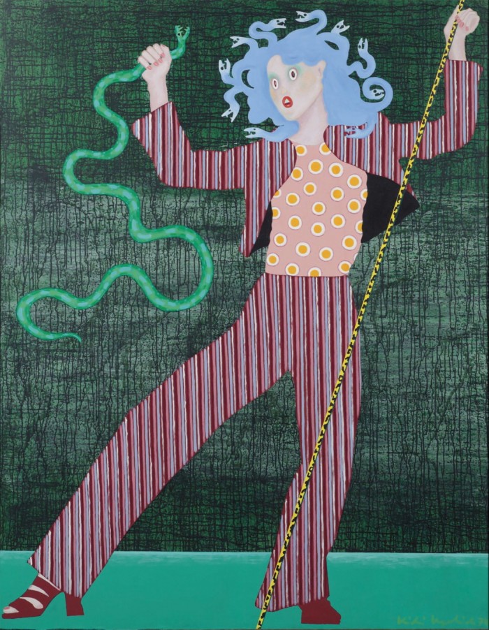 ‘Superserpent’, 1974, by Kiki Kogelnik: a Pop-Art painting of an alarmed-looking woman in a purple-striped suit and hair made up of blue snakes holding a green serpent