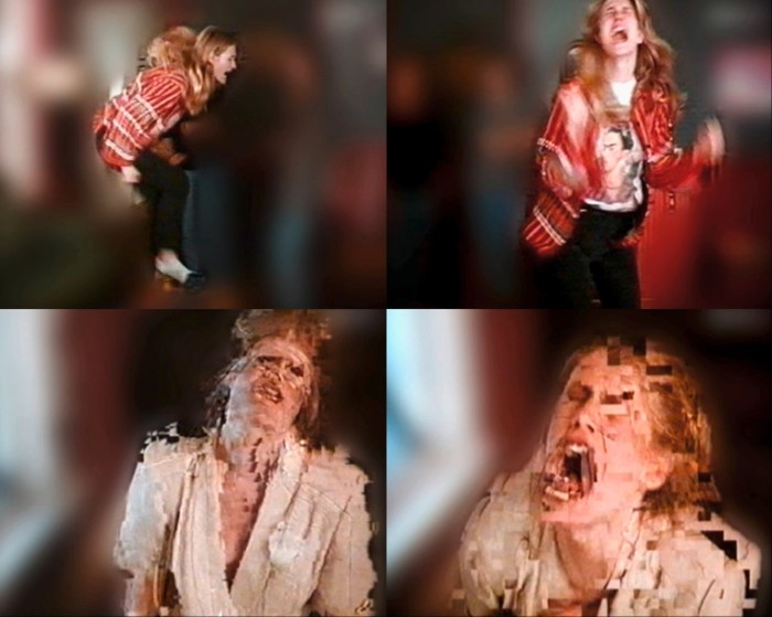 ‘A Woman under the Influence – to cut a long story short’, 2004, by Tatjana Marušic: four stills in various degrees of pixellation of a woman screaming