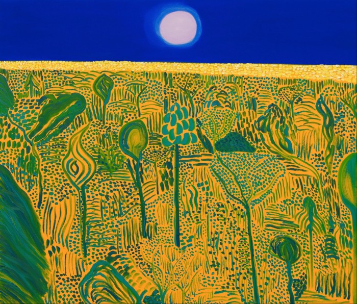‘Coming of Age Landscape’, 2018, by Matthew Wong: an intensely coloured abstract painting of a yellow and green field with an indigo sky and white sun on the horizon