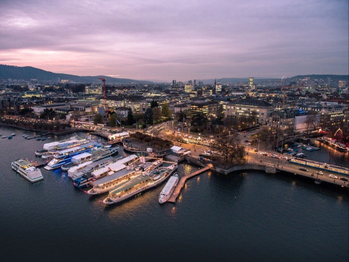Aerial shot of the 12 boats on which the Expovina Wine Fair is held on Lake Zürich
