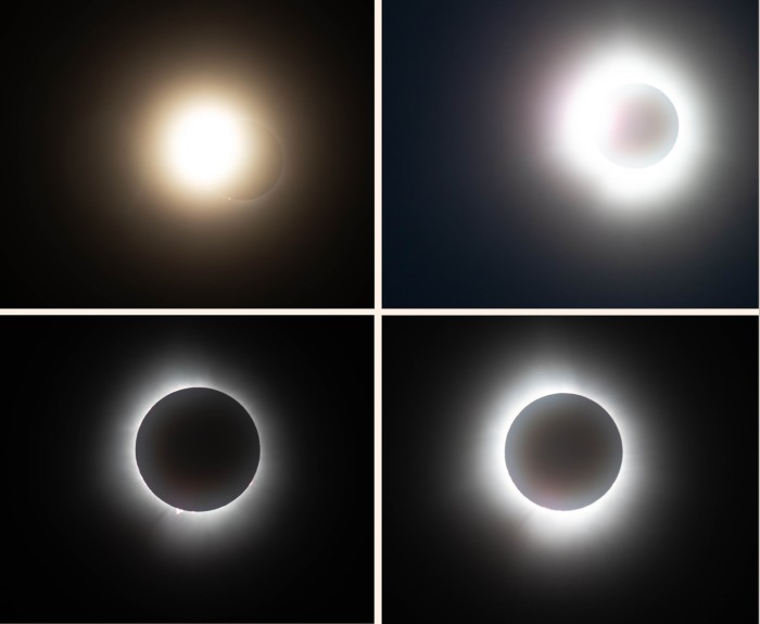 Four pictures of the moon moving across the face of the sun, in one image showing just a thin rim of light