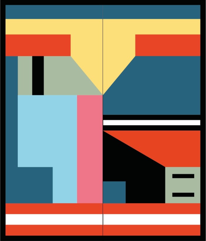 One of the colourful site-specific works by artist and designer Nathalie Du Pasquier that have transformed a Modernist 1940s garage: decorative panels with geometric graphics and bright chromatic contrasts