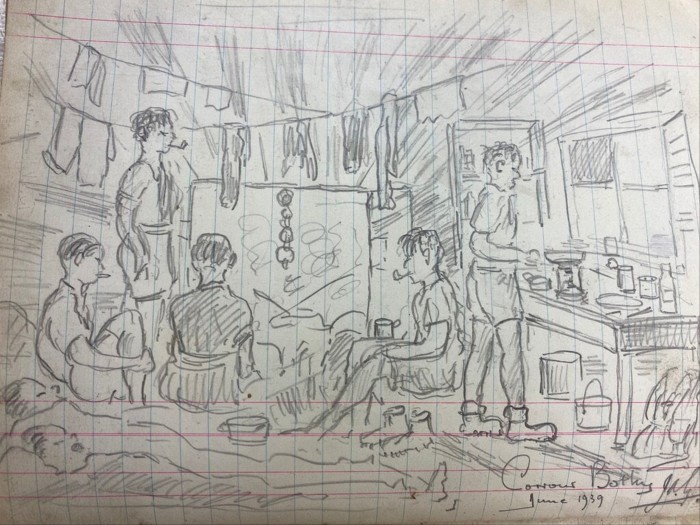 Pencil drawing of a group of people in a room