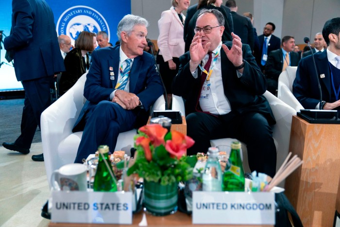 US Fed chair Jay Powell, left, with Andrew Bailey, Bank of England governor, in Washington this week