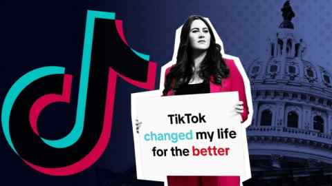 A montage of the TikTok logo, the US Capitol building and a woman holding a sign in support of TikTok