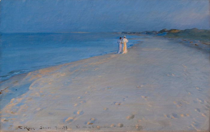 A painting of a couple dressed in white walking on the beach