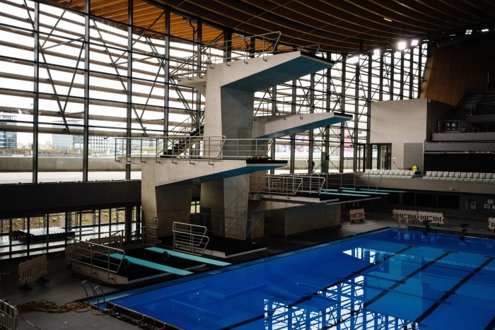 The diving boards and pool at the Aquatics Centre in Saint-Denis