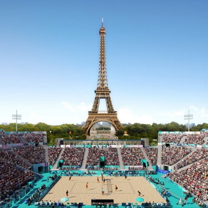 A rendering of what the beach volleyball at the Eiffel Tower will look like