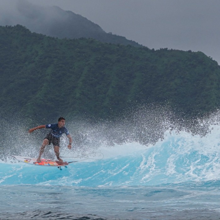 Kauli Vaast rides a wave at Teahupo’o in Tahiti, French Polynesia 