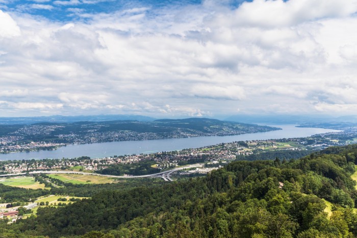 The view from the top of Uetliberg, a tree-covered peak looking over Lake Zürich